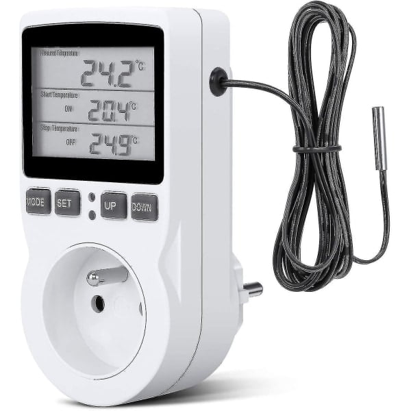 Digital termostat för uppvärmning/kylning med uttag, LCD-temperaturregulator, 230V för växthus temperaturregulator/terrarium termostat (uttag)
