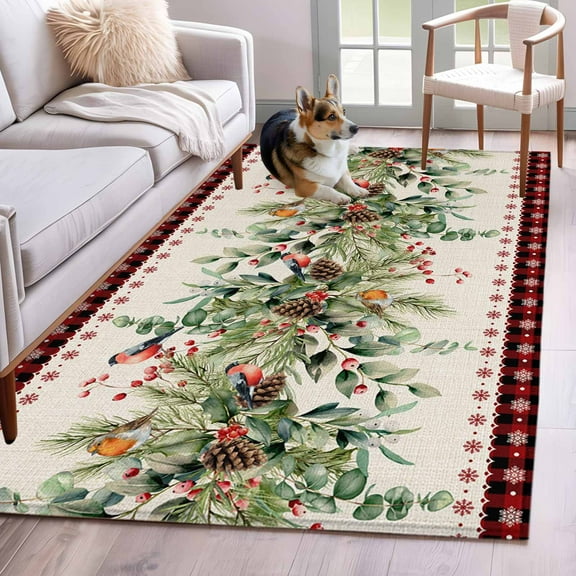 Christmas Eucalyptus Area Rug 4x6 Washable Rug Non Slip Xmas Red Plaid Botanical Pine Cones Large Area Rug Indoor Floor Carpet for Entryway Bedroom Kitchen Living Room Home Office Dining Room Nursery