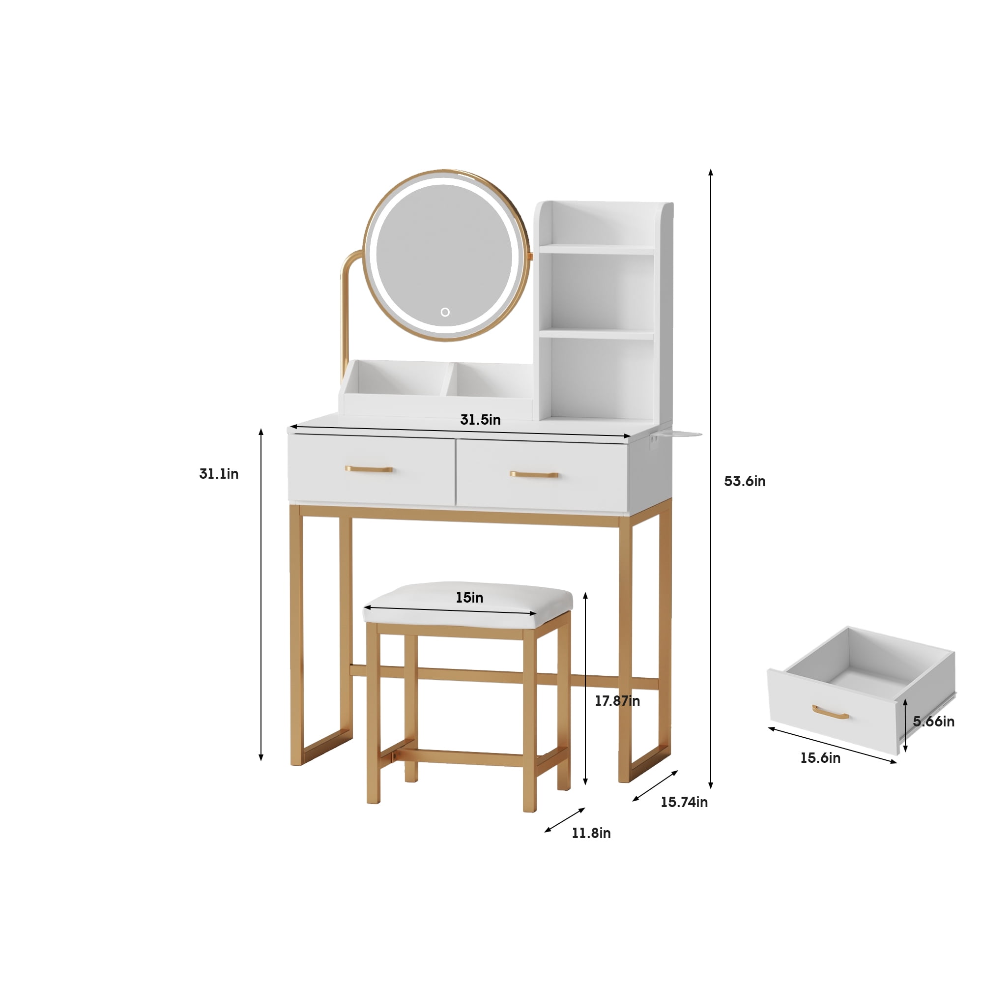 VEANERWOOD Vanity Desk with Lights and Round Mirror, Modern Vanity Makeup Table with 2 Drawers, White