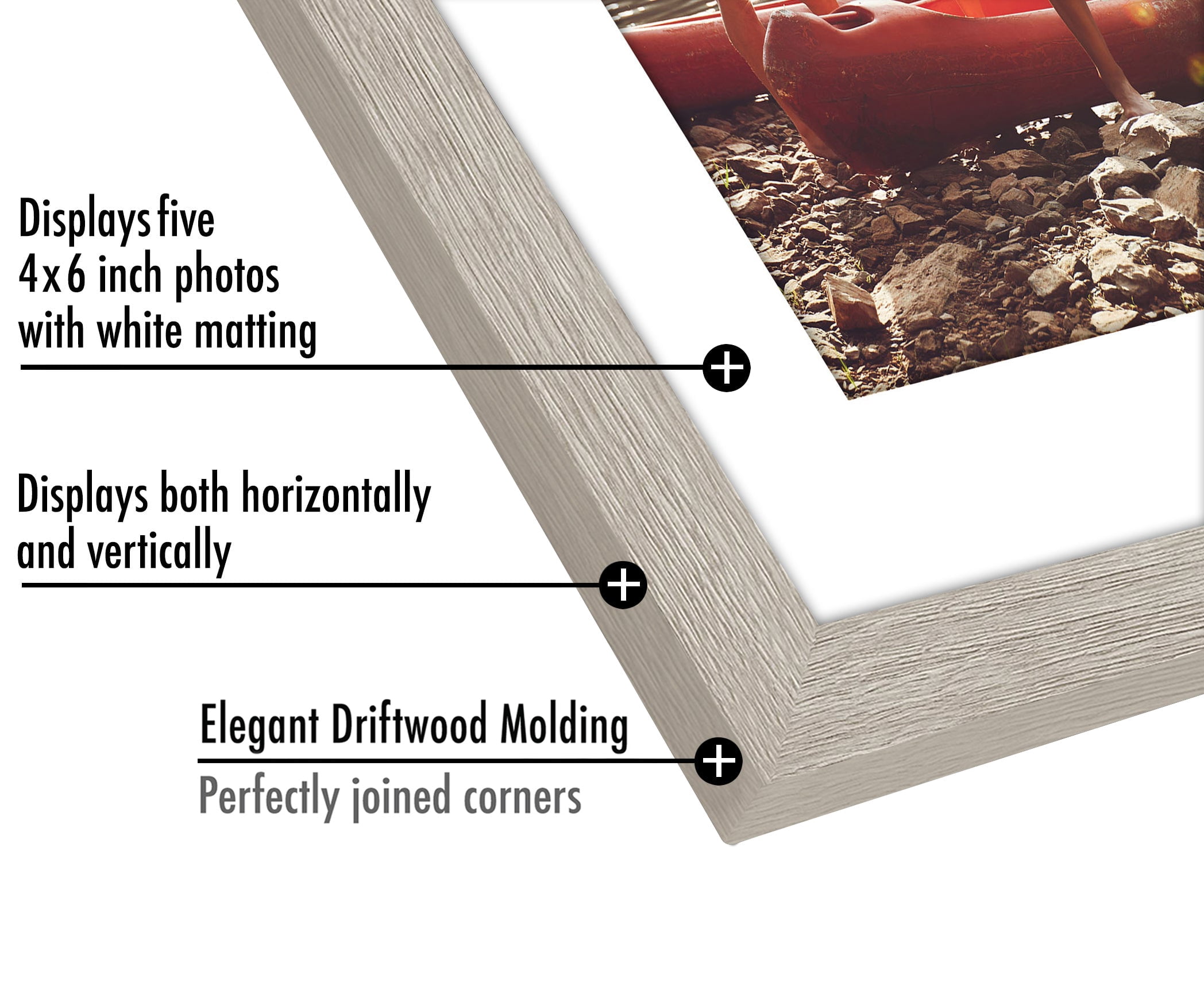Americanflat 8x24 Collage Picture Frame with Five 4x6 Displays in Driftwood - Composite Wood with Shatter Resistant Glass - Horizontal and Vertical Formats for Wall