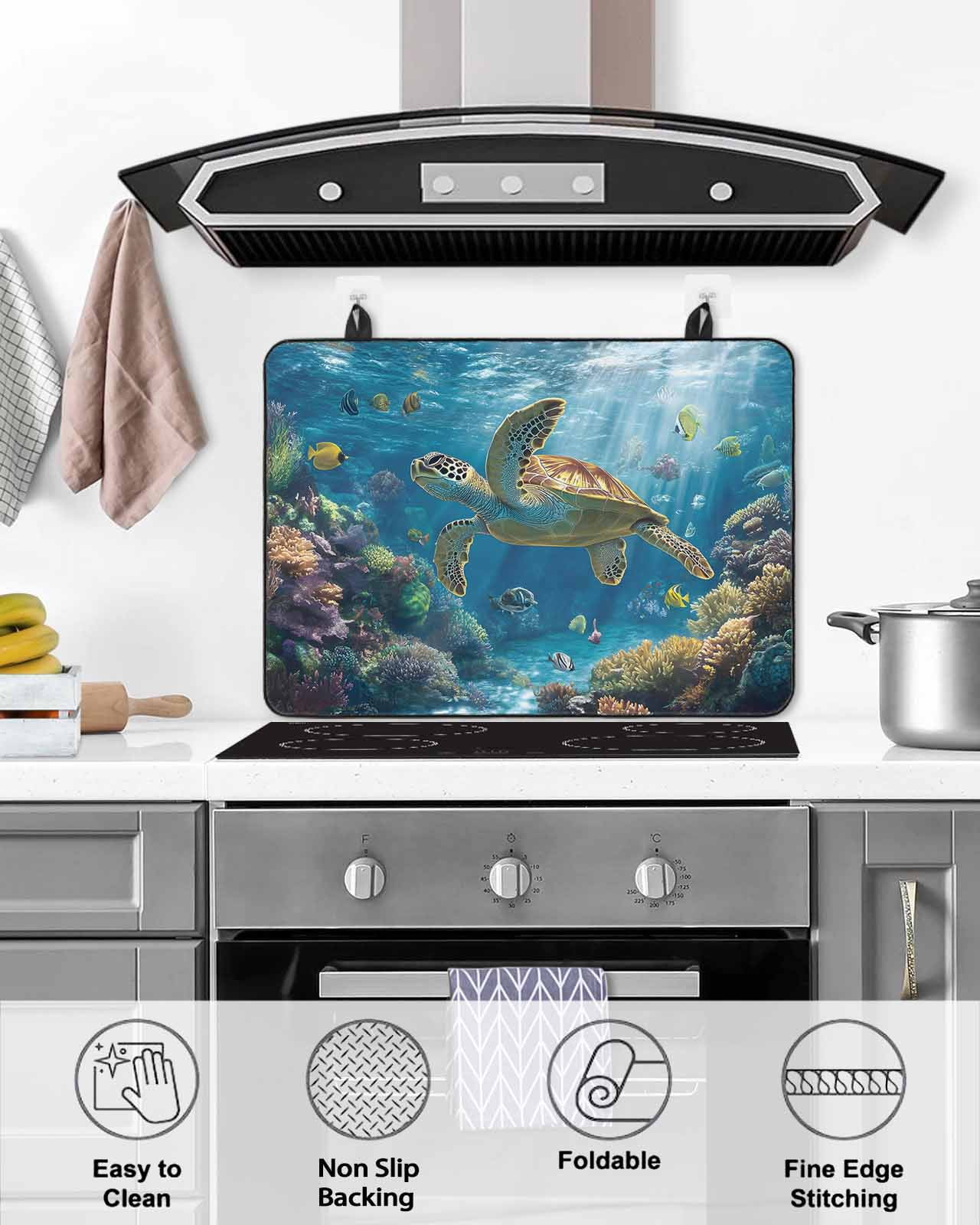 nqOlkjepod Large Induction Cooktop Protector Mat 24"x21", Coastal Turtle Stove Top Covers for Electric Stove, Turquoise Tropical Ocean Animal Coral Stove Burner Cover Mats, Glass Top Stove Cover