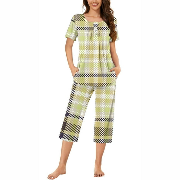 WIZUTIZ Pajamas for Women Pj Set Women's Round Neck Lattice Print Short Sleeve Sleepshirt And Pants Sets Homewear Pajamas With Pockets Tax Free Weeke