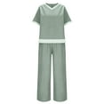 thumbnail image 3 of Summer 2 Piece Outfits for Women Plus Size Short Sleeve Crop Top Wide Leg Pants Linen Lounge Beach Travel Sets, 3 of 6