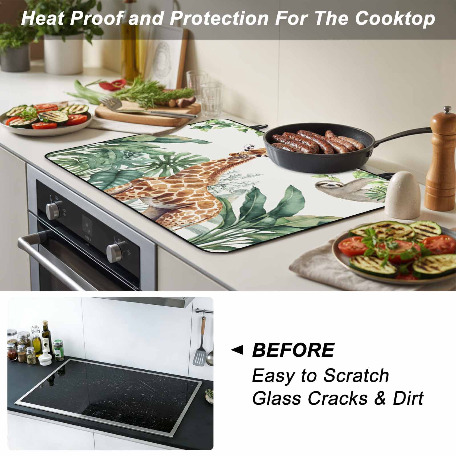 Tropical Giraffe Sloth Stove Top Cover for Electric Stove, Heat-proof & Non Slip Glass Top Stove Cover Protector, Watercolor Summer Palm Leaf Kitchen Flat Cooktop Rubber Mat 24x21 Inches