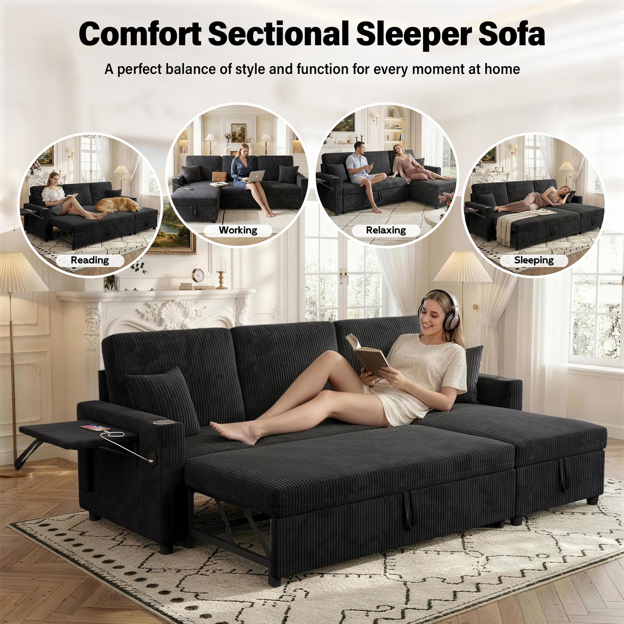 Aukfa 83" L-Shaped Sleeper Sleeper Sofa with Storage Chaise & Rotating Side Table, L-Shaped Corduroy Convertible Couch with USB/Type-C Ports,Black