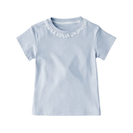 OGLCCG Girls Lace Trimmed T-Shirts Summer Casual Short Sleeve Crew Neck Cotton Tee Tops Solid Color Shirts Blouse 12M-9Years
