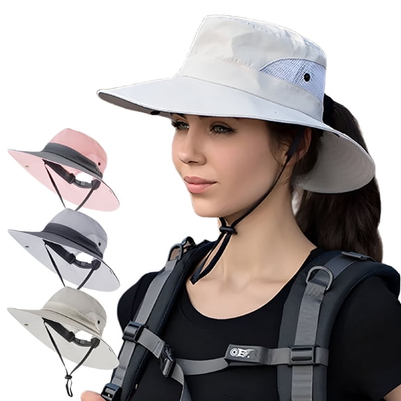 TELOLY Women Sun Hat Summer Bucket Wide Brim Ponytail Boonie UV Protection Hat Foldable Cool Mesh Beach Cap, Beige