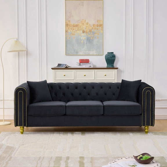 Miekor Furniture 86" Modern Loveseat Sofa,3 Seater Couch Comfy Velvet Sofa Button Tufted Rolled Arms and Gold Legs,Chesterfield for Primary Living Space,Black No9807