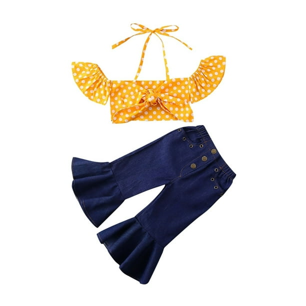 Toddler Kids Girl Denim Bell Bottoms Outfits Summer 2 Pieces Set Yellow Crop  Tops+Trousers 