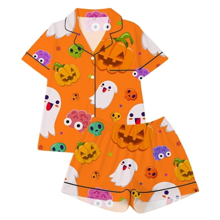 Tfken Halloween Girls Comfy Pajamas Set Soft Homewear Nightwear Pumpkin Print Halloween Comfortable Shorts Pajamas Set Summer Sleepwear Classic Loungewear Outfit Size 2-3 Years Orange