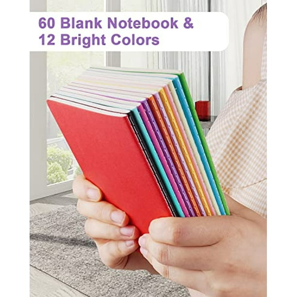 Cuadernos bocetos A6 a granel, 60 pqt. 4.25x5.5. Coloridos, págs. en blanco. Libretas sin líneas niños, memo. 30h/60 pág