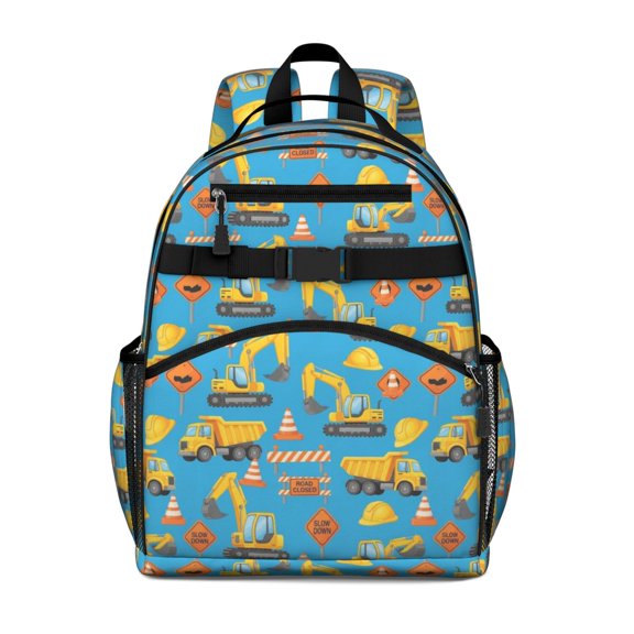 Excavator and Road Barrier Blue Pattern Cute School Backpack Bag for School with Padded Back and Adjustable Shoulder Straps 15.25"x11.5"x5.25"
