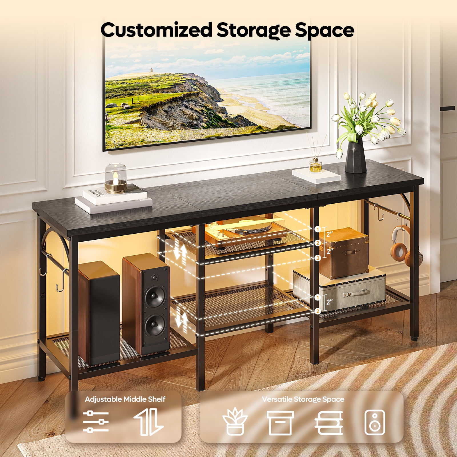 Pinmoco TV Stand for TVs up to 55 Inch, LED Light Entertainment Center with Open Storage Shelves, TV Media Console Table for Living Room, Bedroom, Black