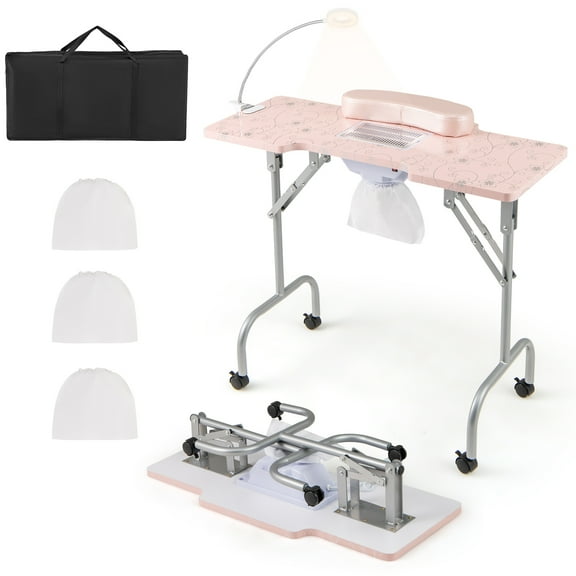 Gymax Folding Manicure Nail Table w/ Electric Dust Collector LED Lamp Carry Bag