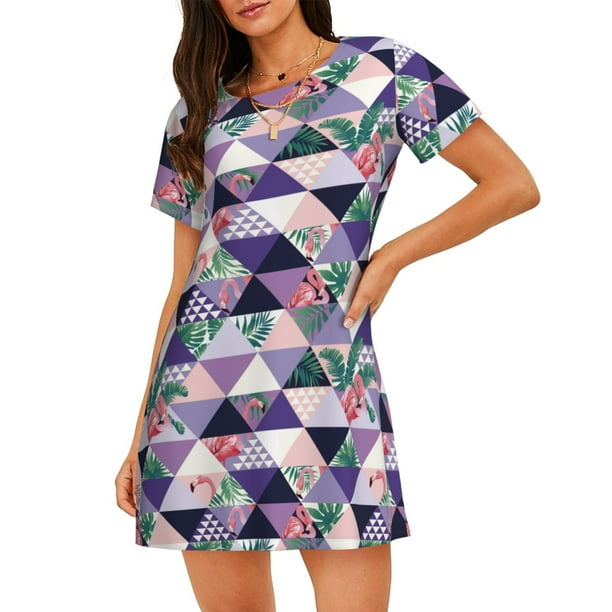 Disketp Plaid Flamingo para Camisón Corto de Manga Corta para Mujeres, Camisón Cómodo con Escote Redondo, Bonito y Confortable