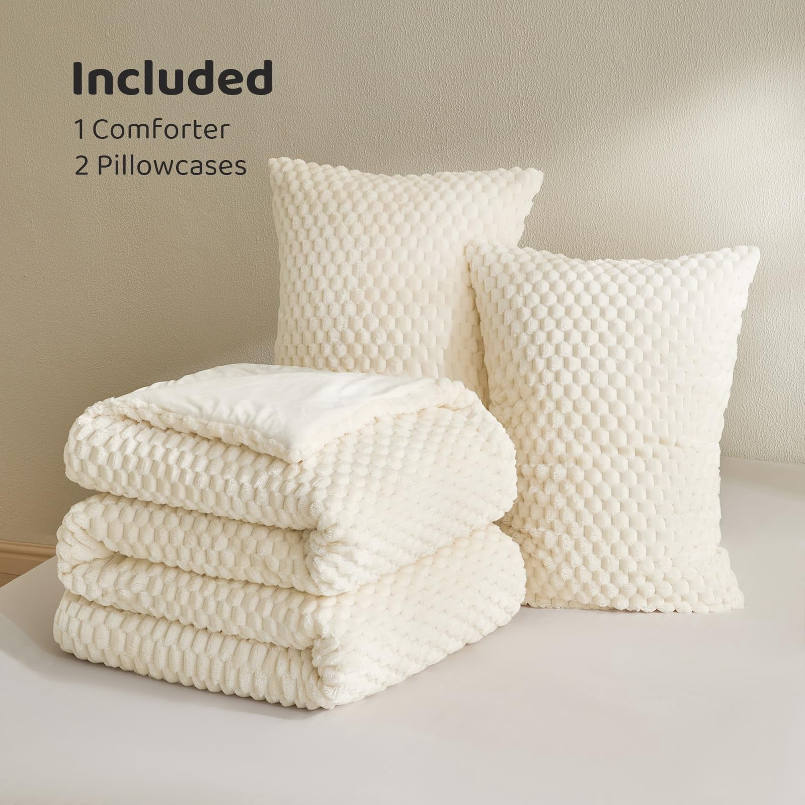 Petrichor Cozy Flannel Comforter Set, Warm and Soft King Size Quilt for Winter, 3 Piece Bedding Set with 2 Pillowcases, Cream White