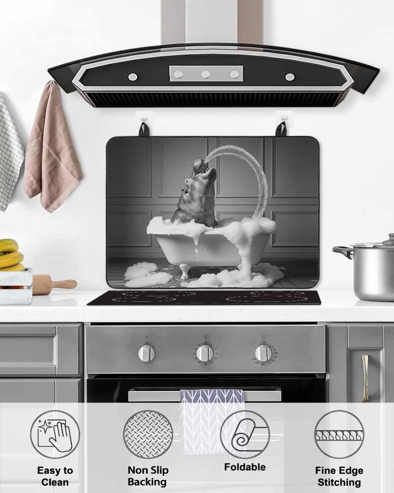 Large Induction Cooktop Protector Mat Hippo Stove Top Covers for Electric Stove, Funny Animal Bathtub Abstract Art Grey Decorative Stove Burner Cover Mats, Glass Top Stove Cover