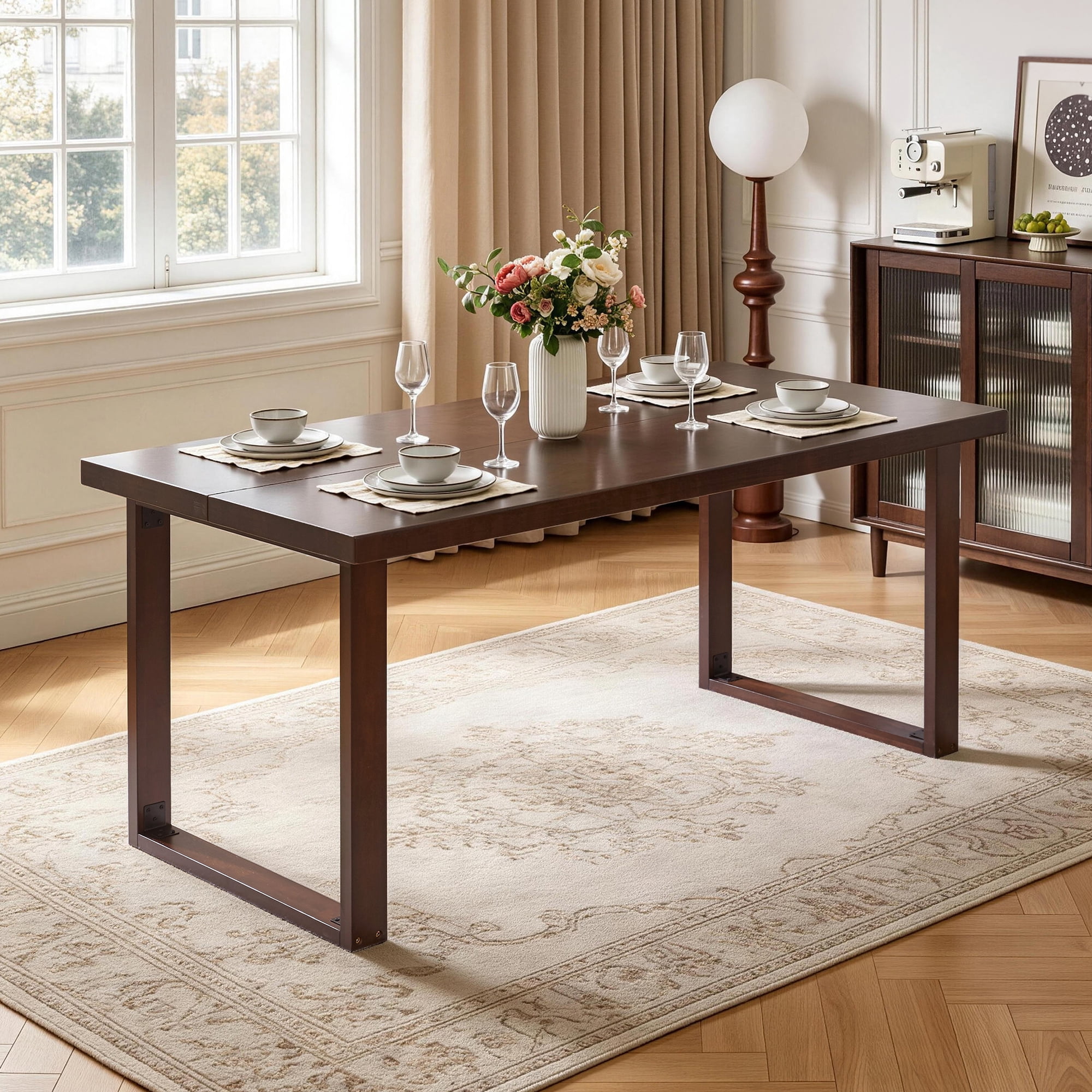 180cm Mid-Century Modern Solid Wood Dining Table Dark Walnut 4cm Thick Tabletop 180cm Dining Room Kitchen