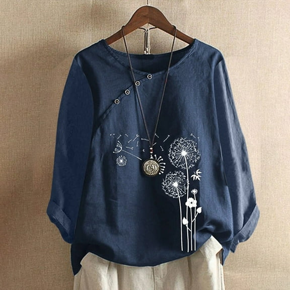 Baqcunre Long Sleeve Shirts For Women Womens Tops Long Sleeve Printed Cotton And Linen Taraxacum Printed Buttons O Neck T Shirt Blouse Womens T Shirts Womens Blouses Dark blue L