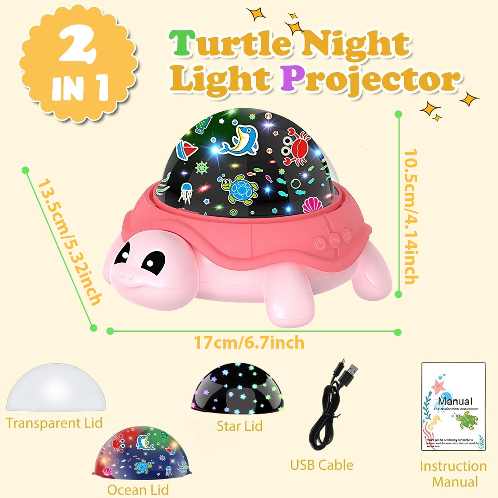 VIVIHEYDAY Cute Turtle Night Light Projector for Kids, Ocean World Star Galaxy Ceiling Lamp Color Changing, 360° Rotation, USB Powered, Christmas Birthday Gifts