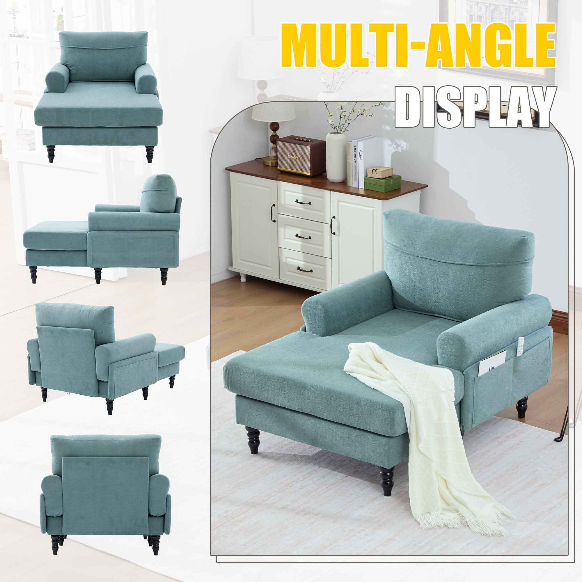 MAYEERTY Modern Minimalist Chenille Chaise Lounge with Armrests & Side Storage Pockets, Wide Seat Single Recliner Sofa with Solid Wood Legs for Living Room Bedroom Office