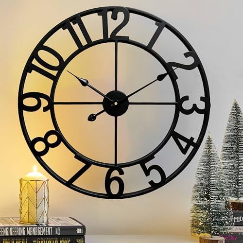 24 Inch Wall Clocks for Living Room Decor, Large Black Metal Wall Clock Battery Operated, Silent/Non Ticking, Regular Arabic Numeral