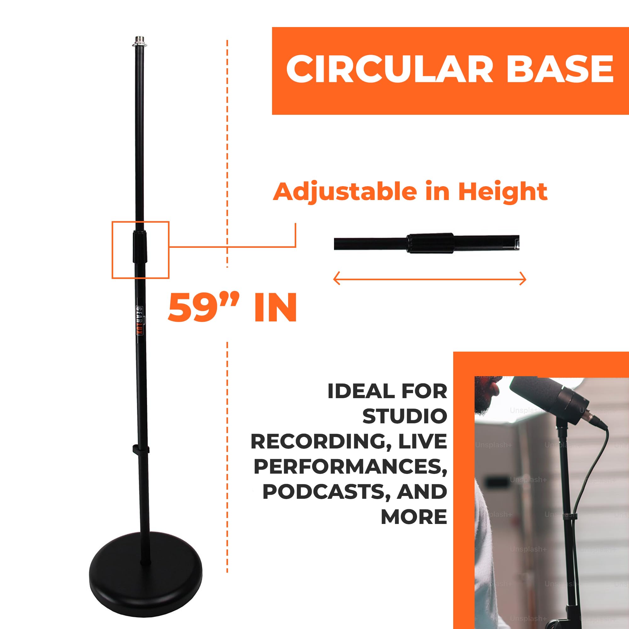 Gearlux Round Base Microphone Stand with Adjustable Height up to 59 Inches