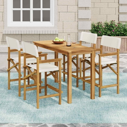 Christopher Knight Home 5-Piece Outdoor Patio Bar Set, Acacia Wood Table & Four Barstools, Teak Beige