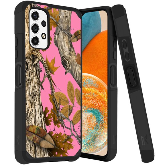 ANJ  Rugged Dual Layered Shockproof Slim Hybrid Case   Tempered Glass Cover Compatible with Samsung Galaxy A23 5G - Pink Tree Camo