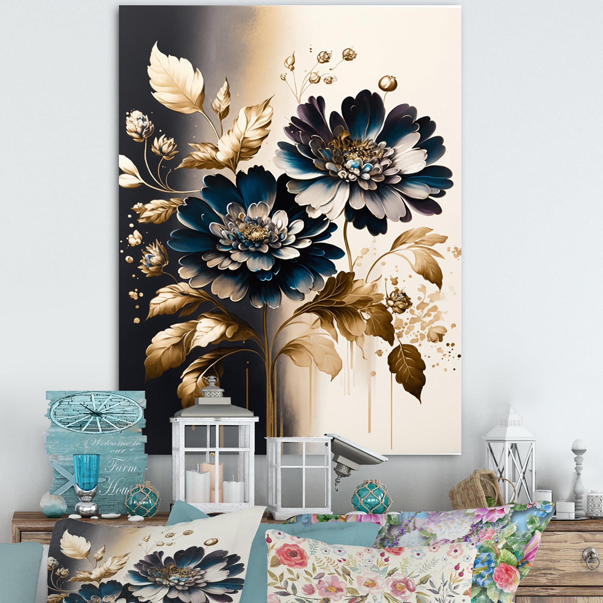Designart Blue And Gold Zinnia Flowers V Canvas Wall Art