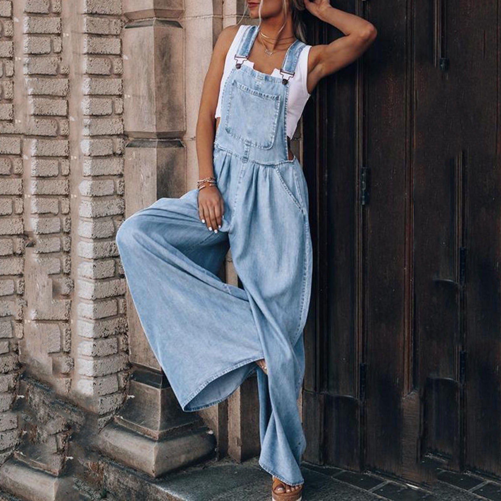 Oversized Denim Jumpsuit for Women Casual Adjustable Strap Fringe Jeans  Overalls Solid Color Baggy Wide Leg Ripped Rompers