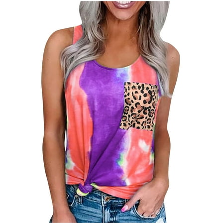

Corset Top Womens Sling Shirts O-Neck Tie-Dye Print Summer Sleeveless Tank Casual Tops Loose Halter Camisole Basic Tees For Women Red XXL