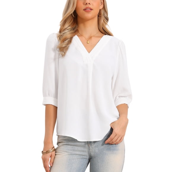 INSPIRE CHIC Business Casual Tops for Women V Neck 3/4 Sleeve Summer Top Chiffon Blouses S White