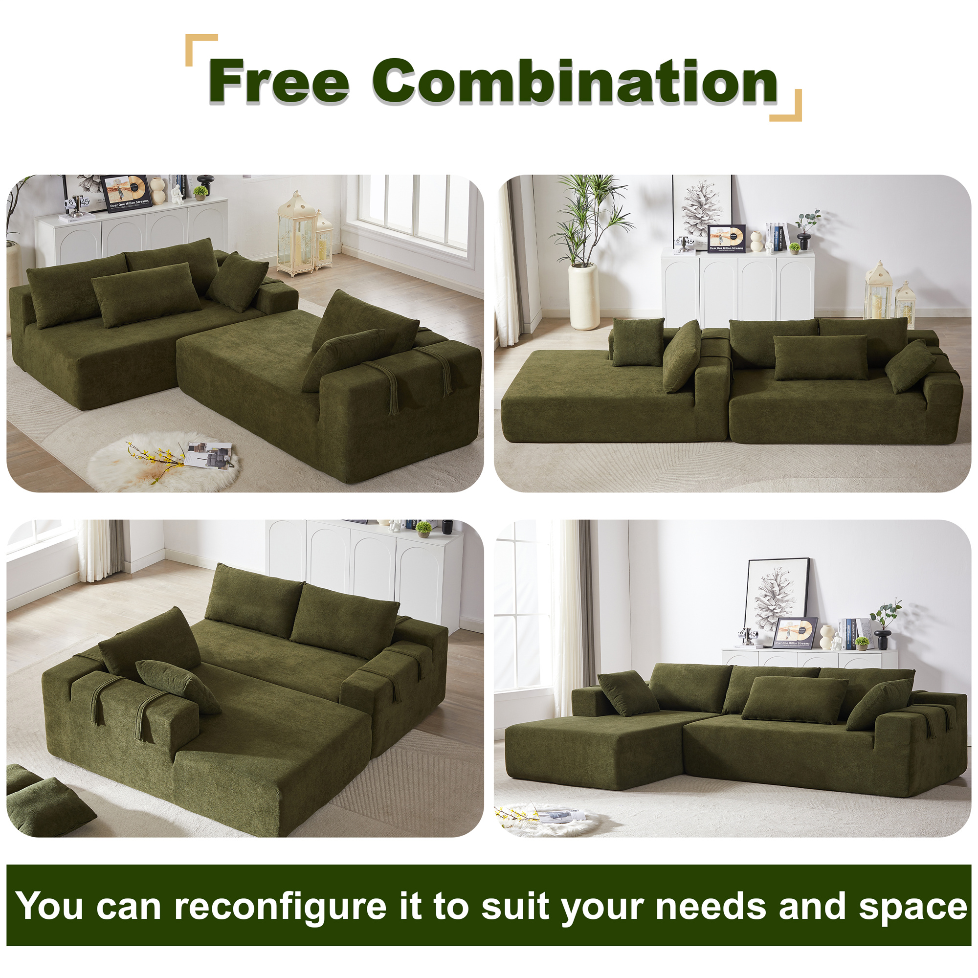 Aukfa 108" Modular Sectional Couch, Deep Seat Cloud Sofa with 6 Pillows, No Assembly, Right Chaise, Green