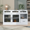 thumbnail image 1 of Wood Accent Buffet Sideboard Serving Storage Cabinet with 2 Mesh Metal Doors and Adjustable Shelves, Cupboard Console Table with 4 Drawers and Wineglass Holders(White), 1 of 8