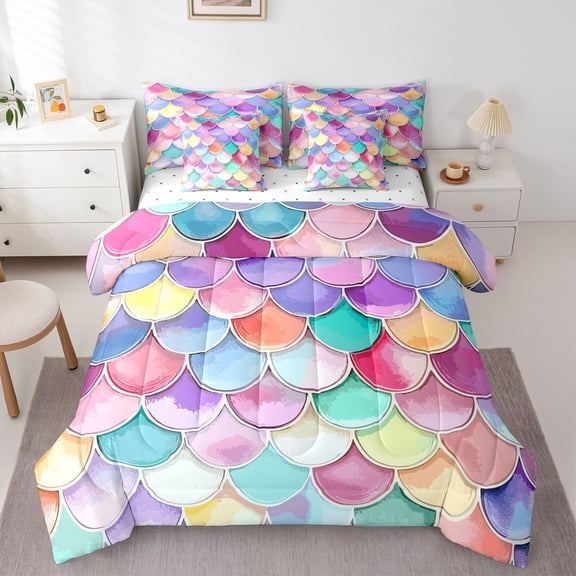 Homewish Watercolor Mermaid Scale 7-Piece Twin Bedding,Multicolor Bedding Comforter Set,Reversible
