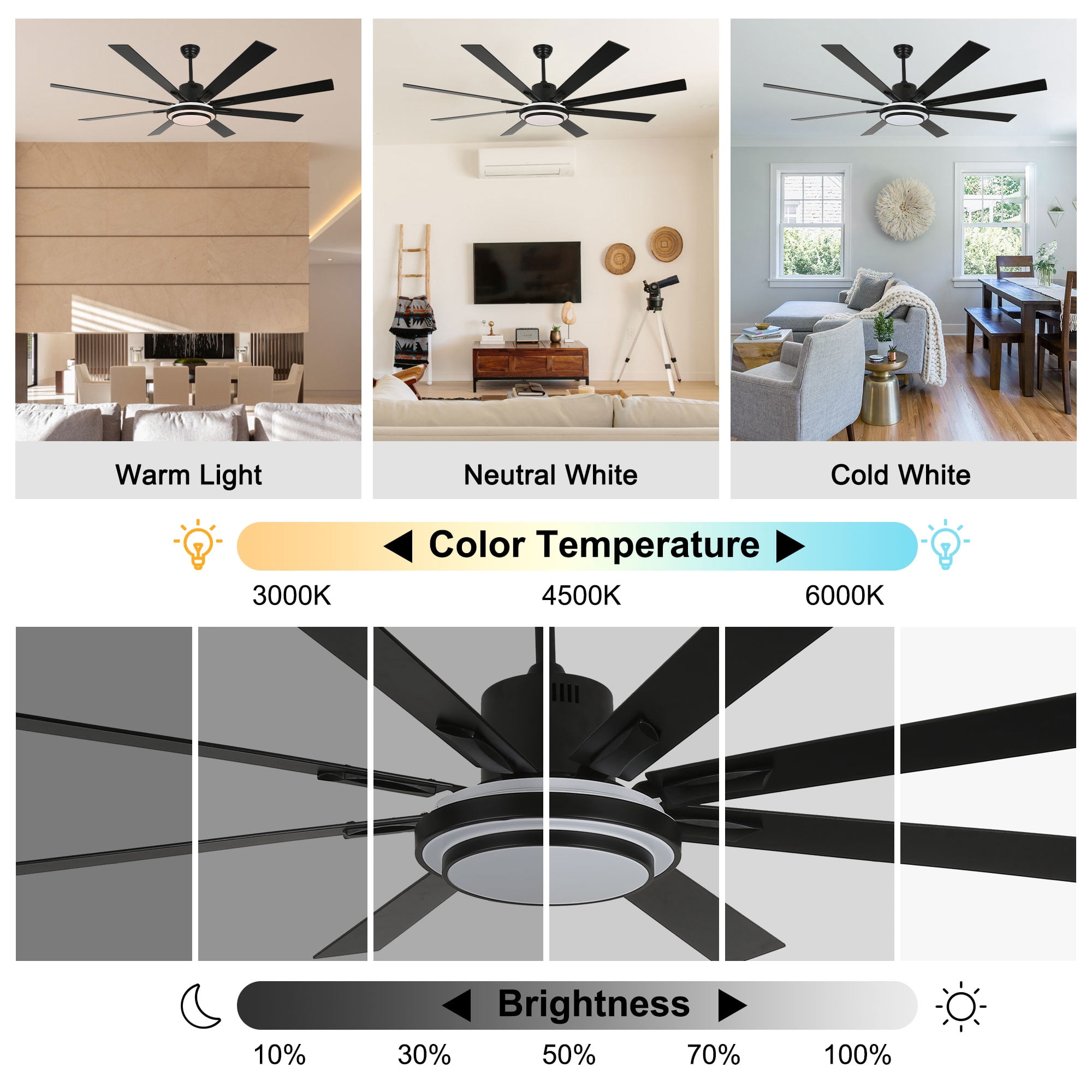 Bella Depot 72" Modern Black LED Ceiling Fan 6-Speed Reversible Chandelier With Dimmable Light and Remote Control