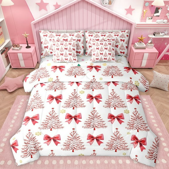 Homewish Ribbon Bow Tie 7-Piece Twin Bedding Sets,Merry Christmas Bedding Comforter Set,Red White Sheet Sets For Kids,Breathable Home Decor Reversible
