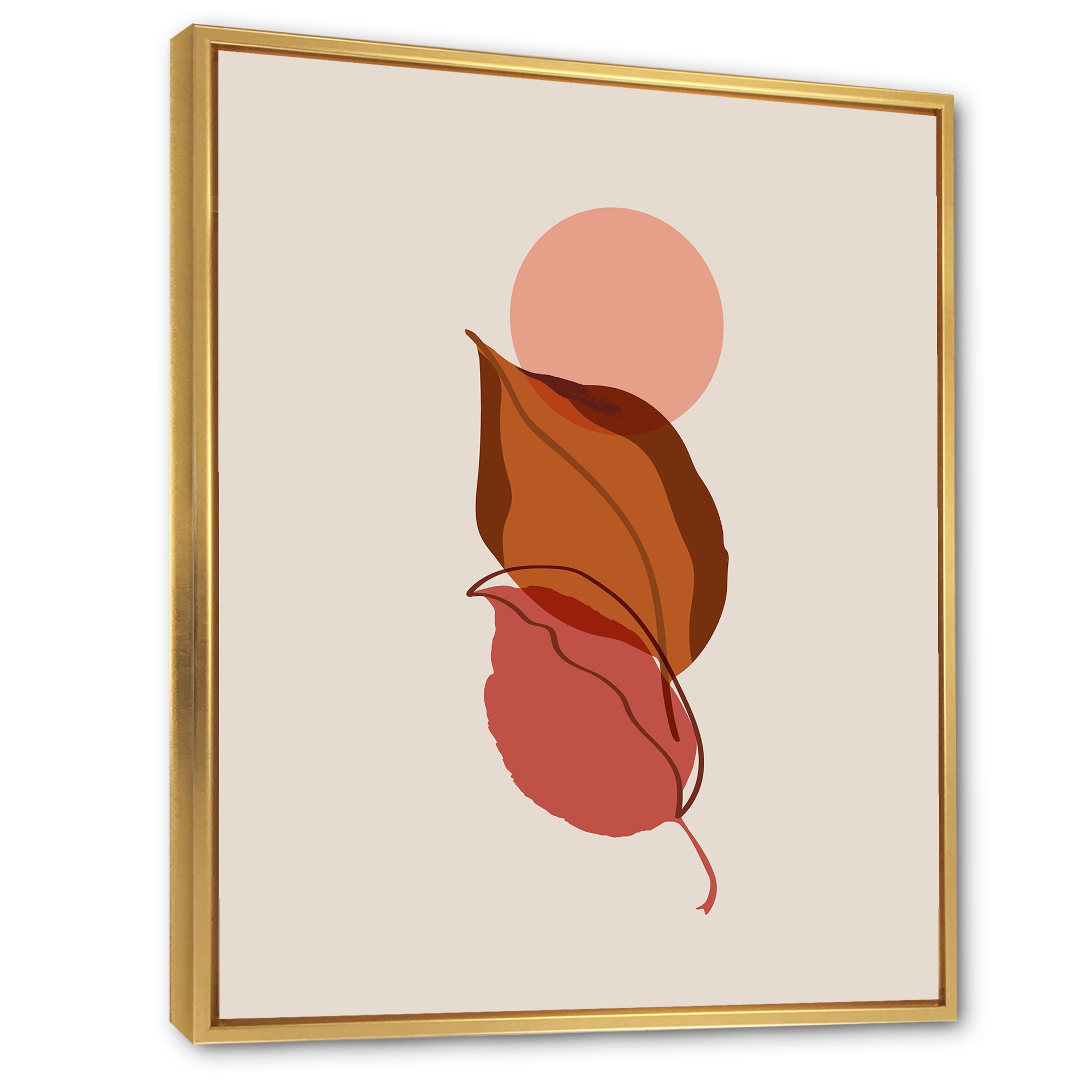 A Red Full Moon Over Two Autumn Leaves 30 in x 40 in Framed Painting Canvas Art Print, by Designart