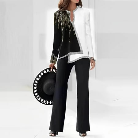 Riforla Women 2 Piece Outfits Casual Long Sleeve Top Loose Wide Leg Pants Trousers Two Piece Set Suit 2 Piece Sets Women Outfit White M