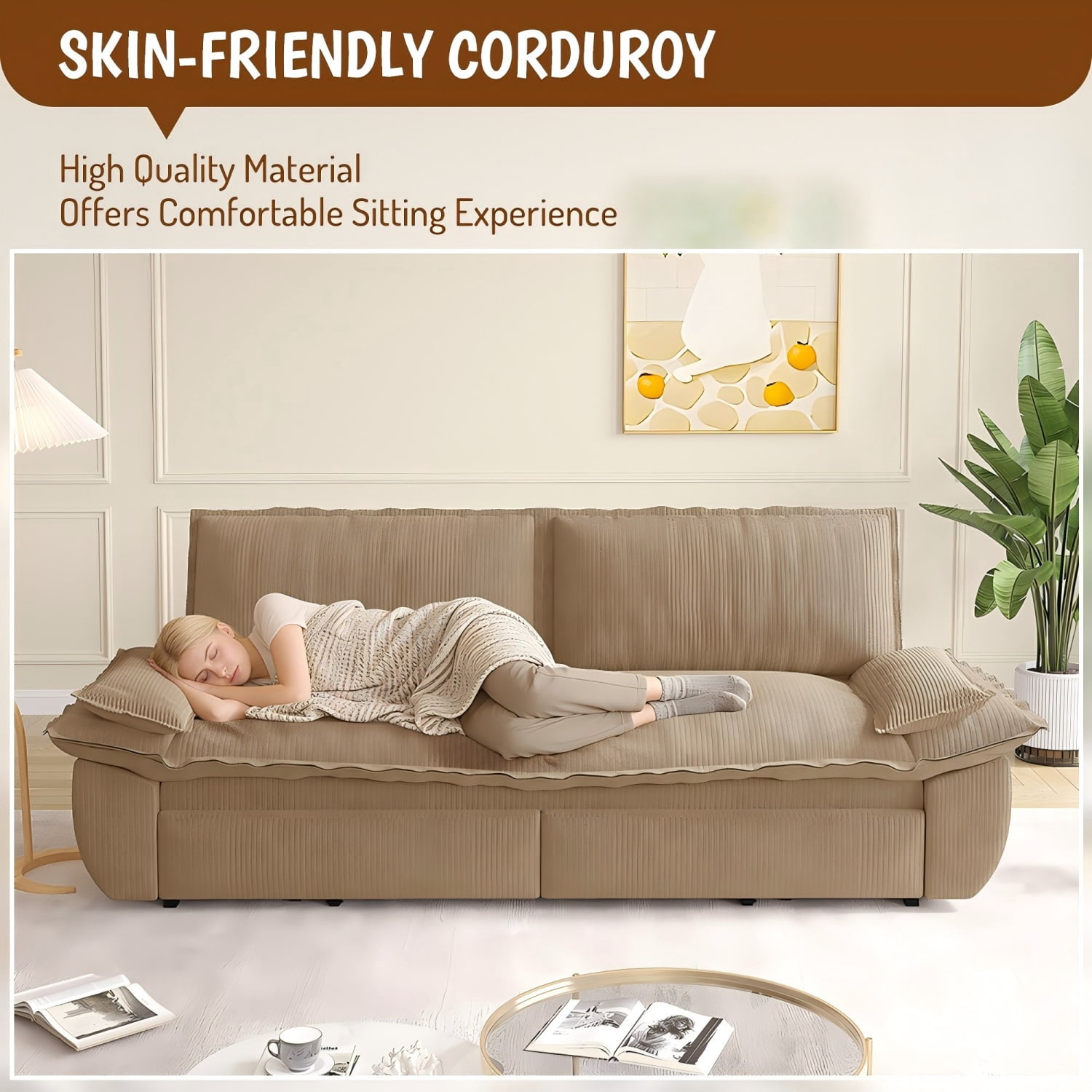 MOONMISS 73.2" Queen Pull Out Sofa Bed,3-in-1 Convertible Sleeper Sofa,Multi-Functional Corduroy Couch Bed,Camel