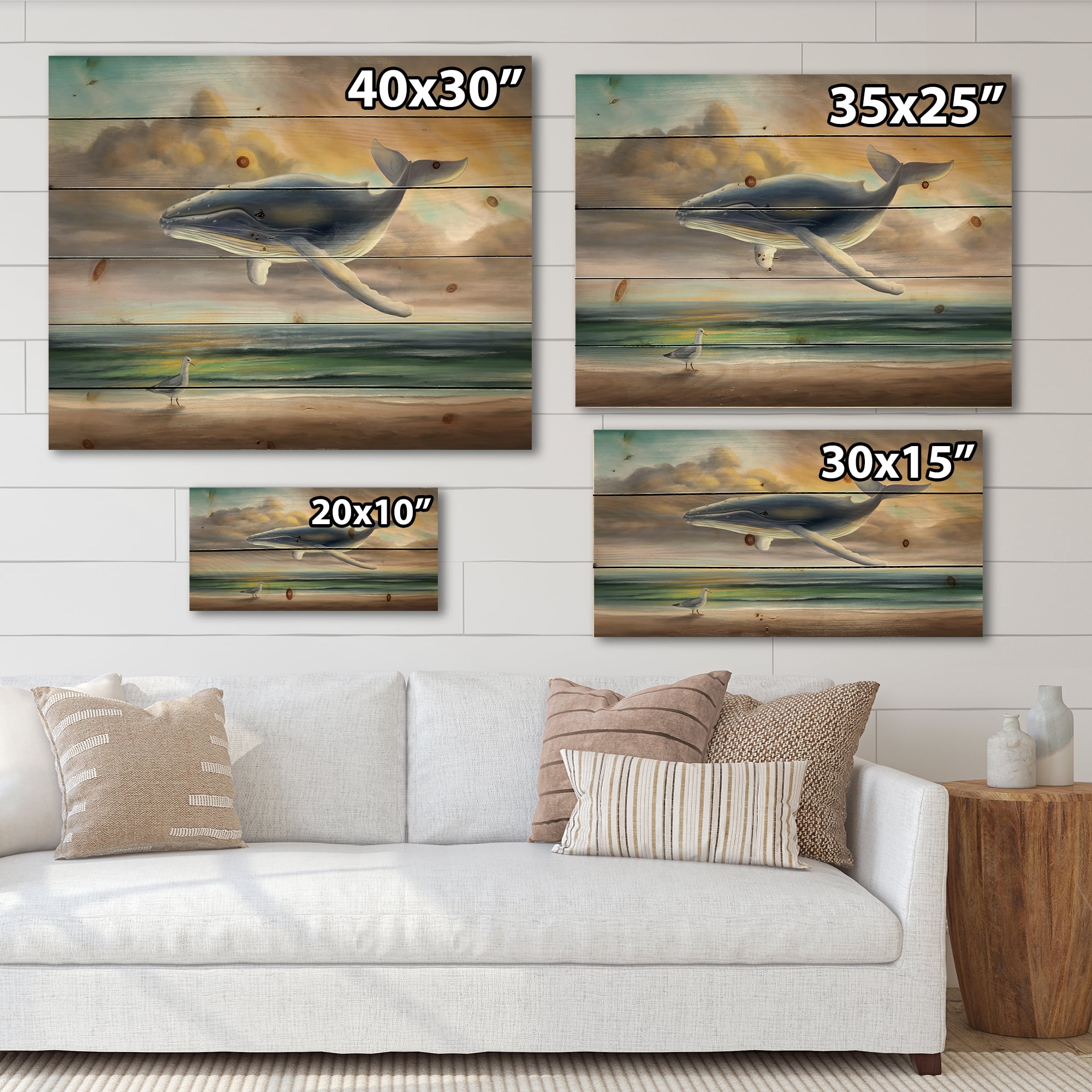 Designart 'Whale Floating In The Sky Over Beach' Children's Art Print on Natural Pine Wood