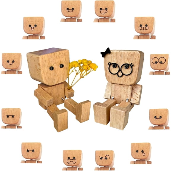 Shaking Feet Wooden Doll with 12pcs Magnetic Expressions,Shaking Wooden Man Figurine for Car Dashboard,Funny Cars Ornaments with Spring Legs,Wood Desktop Decor