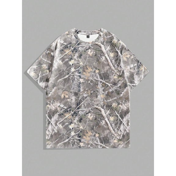 Loose Fit Dead Branch Camouflage Print T-Shirt In Grey, Casual Everyday Wear For Men