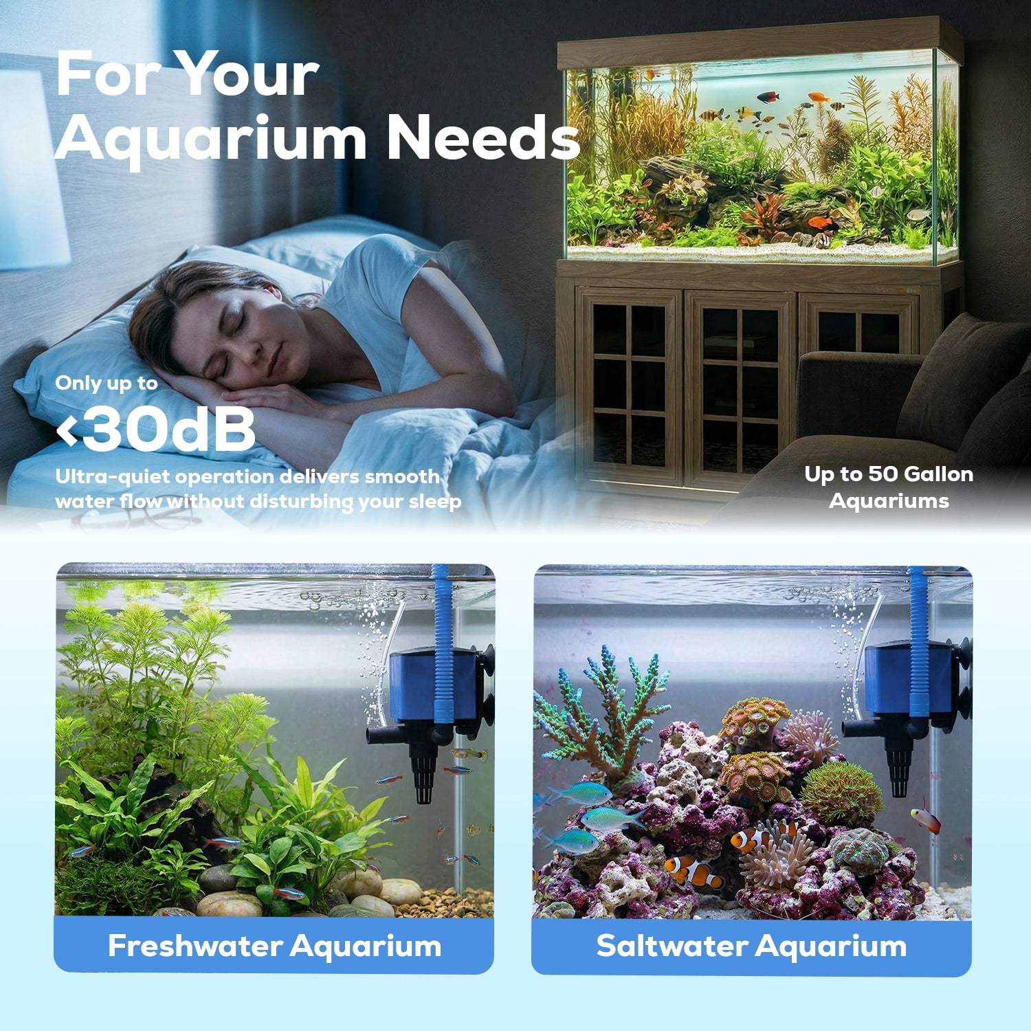 475 GPH Submersible Aquarium Filter Pump with Air Oxygenation, Sponge Filtration & Adjustable Water Flow