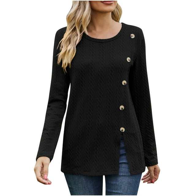 Yuyuzo Hauts de Mode pour Femmes Col Rond Manches Longues Bouton Hauts Irréguliers Chemises Fendues Automne
