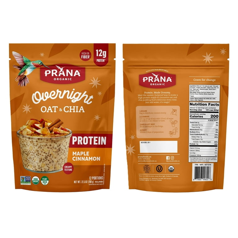 PRANA Organic Overnight Oat & Chia, Maple Cinnamon Protein, High