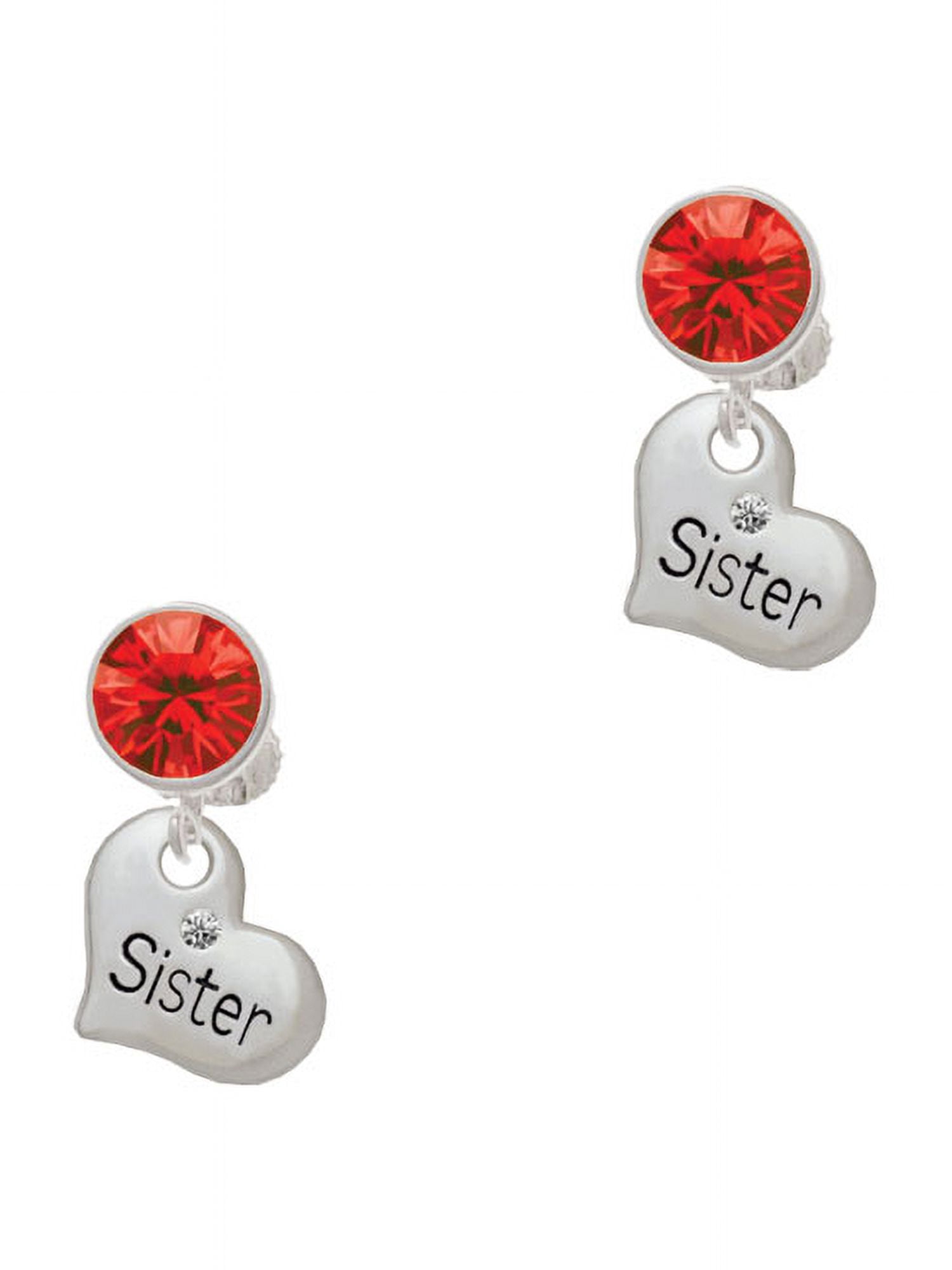 Delight Jewelry Silvertone Small ''Sister'' Heart with Clear Crystal Red Crystal Clip on Earrings