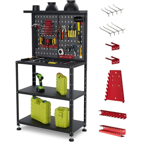 Workbench,Metal Workbenches for Garage,Heavy Duty Work Bench,Tool Storage Bench with Pegboard & Storage Shelves for Workshop Garage Basement