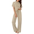 thumbnail image 6 of QATAINLAV Two Piece Sets for Women Summer Workout Outfits Mock Neck Short Sleeve Tees Tops and Side Slits Wide Leg Pants Matching Sweatsuit Khaki M, 6 of 8